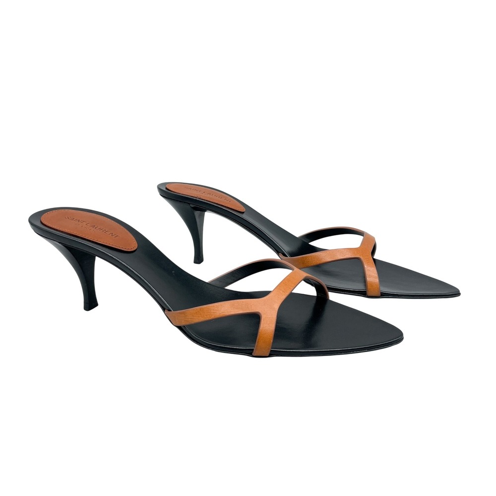 Saint Laurent Womens 39 9 Carla 60 Mules Sandals Brown Leather Pointed Toe Heel - Picture 2 of 15